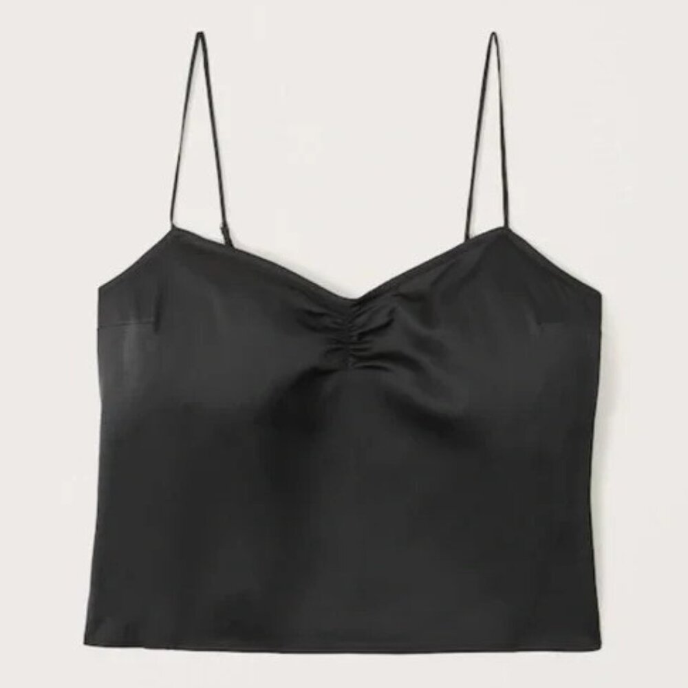 Abercrombie Black 90s Cinched Front Satin Cami Crop Tank Top, Size XL